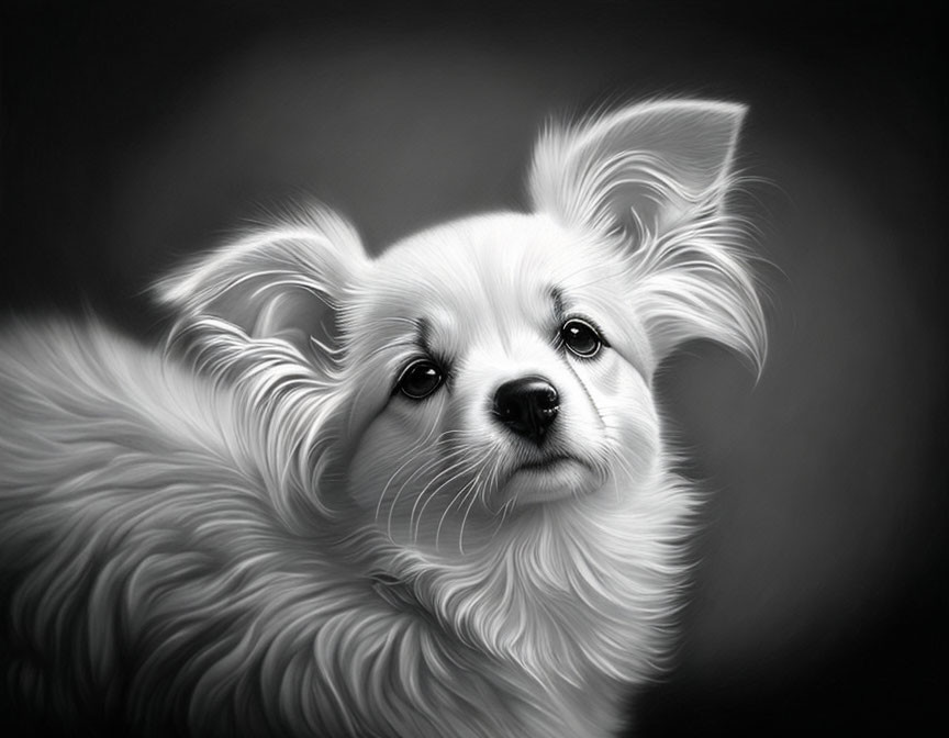 Monochrome digital portrait of fluffy dog with expressive eyes and perky ears