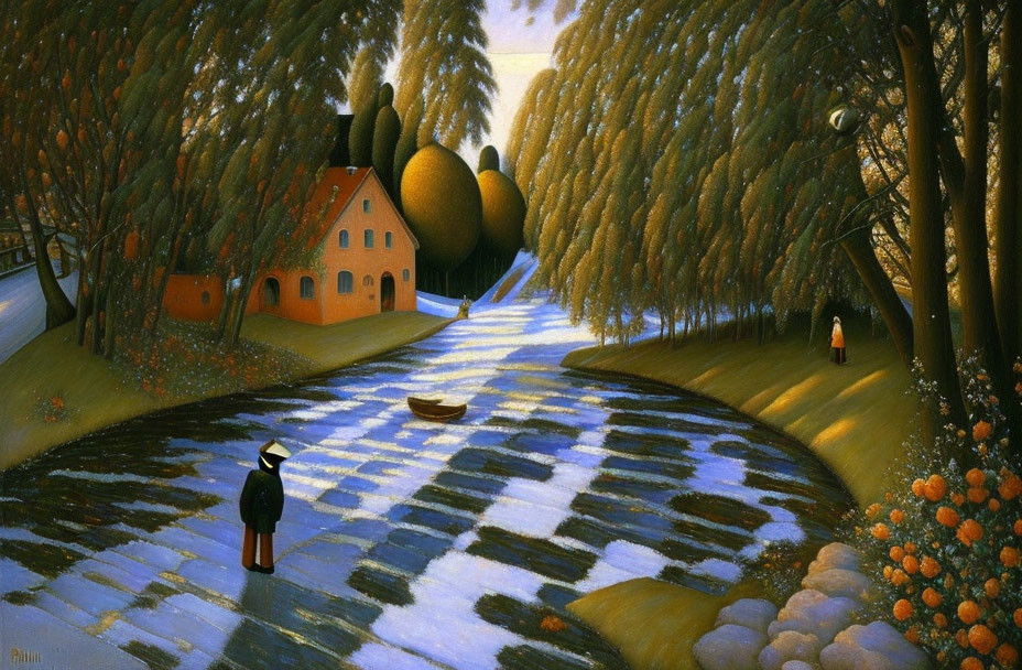 Surreal landscape painting with figure, boat, golden trees, and quaint house