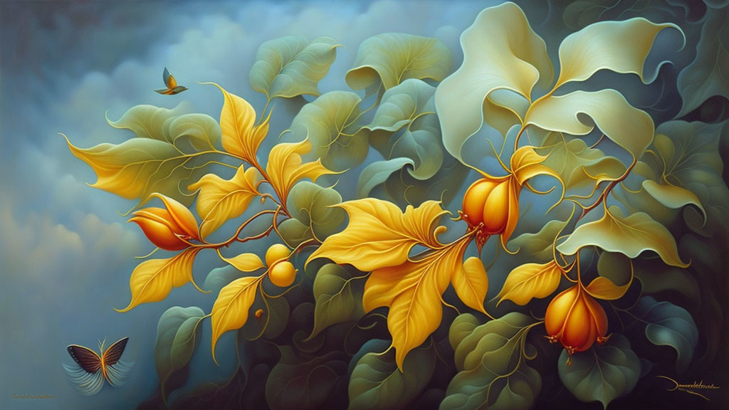 Vibrant surreal painting of yellow-orange leaves, fruits, butterflies, and green foliage