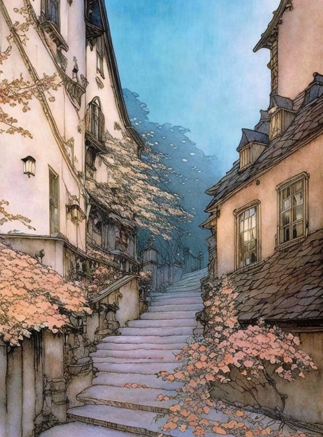 Traditional European cobblestone street with cherry trees and stone staircase