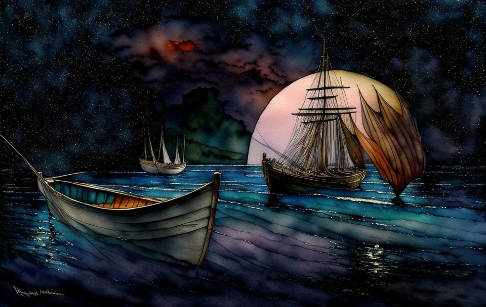 Serene night scene with rowboat, sailing ship, and rising moon