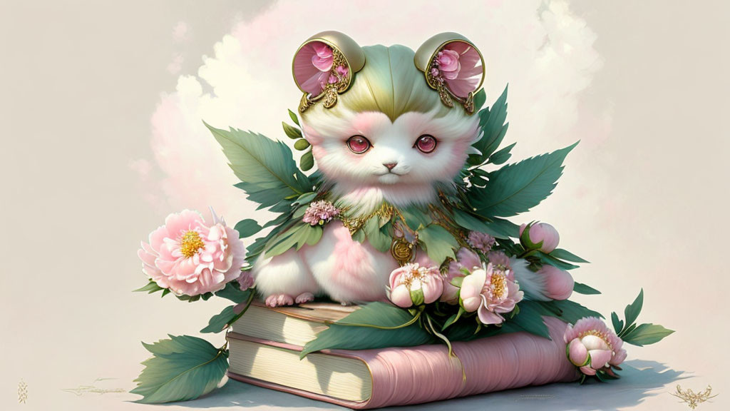 Cat-like creature with large ears surrounded by peony flowers on books