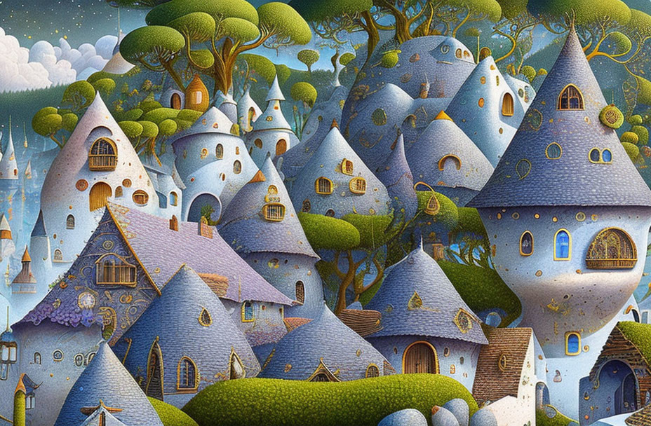 Whimsical village scene with cone-roofed houses and oversized trees