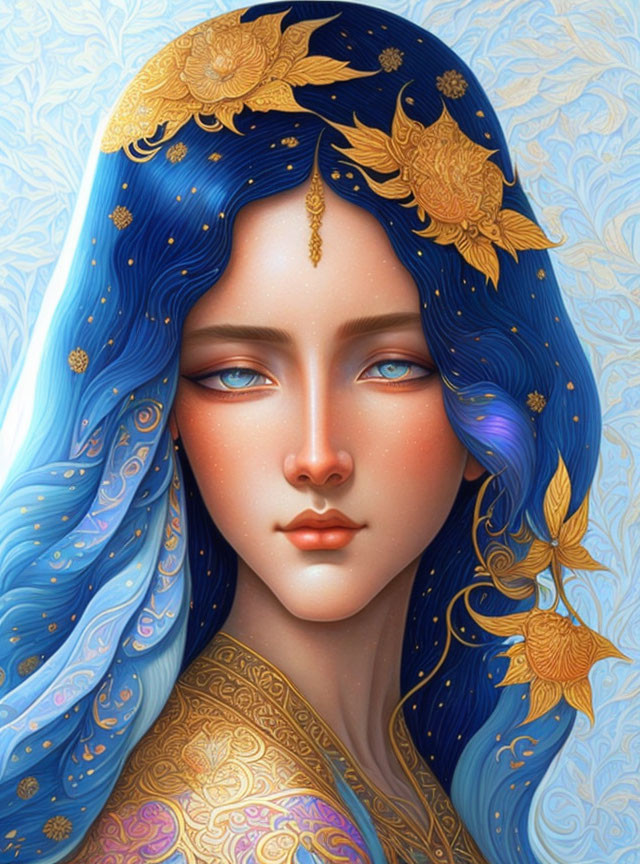 Woman with Blue Hair and Cosmic Theme: Gold Accents and Stars