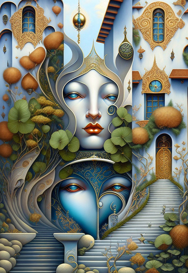 Surreal artwork of woman's face with architectural and natural elements