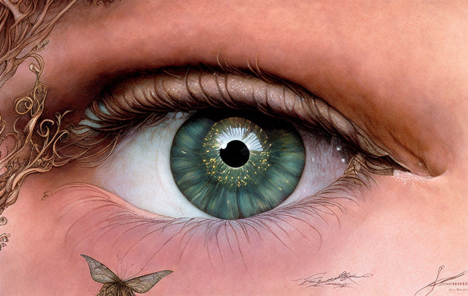 Detailed illustration: Human eye with vibrant green iris, intricate eyelashes, butterfly, and ornate patterns