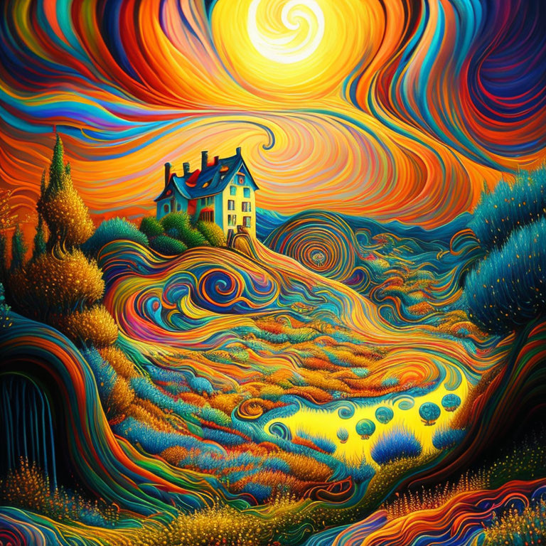 Colorful psychedelic landscape with swirling sky and rolling hills.