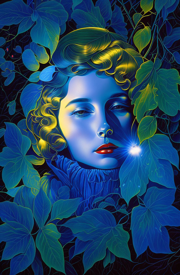 Surreal artwork: Woman's face in neon leaves with red lips