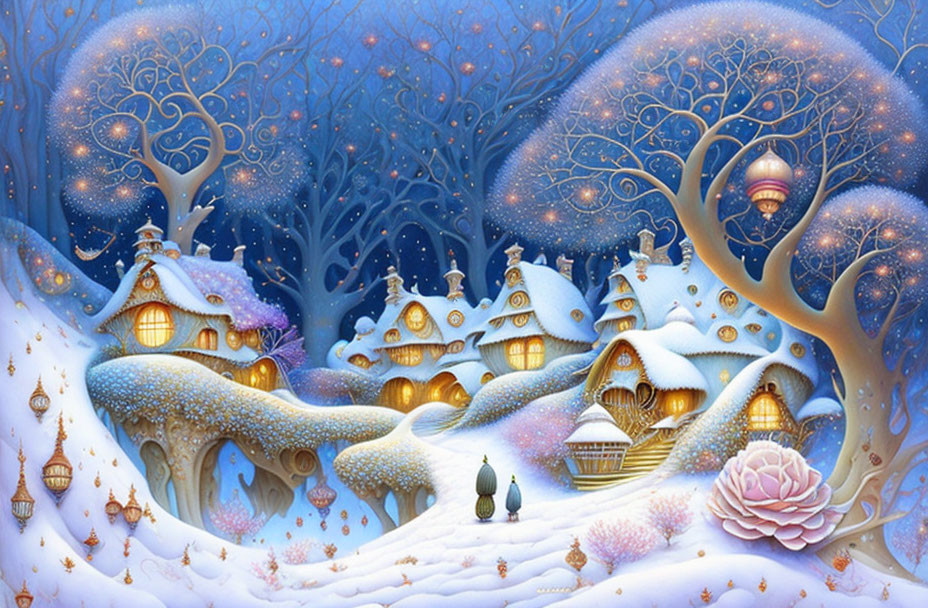 Snow-covered whimsical houses in enchanting winter landscape