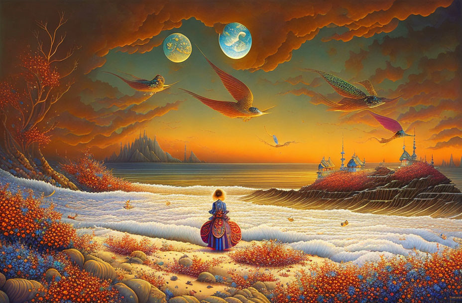 Surreal landscape with child, vibrant sea, birds, ships' sails, twin moons, warm