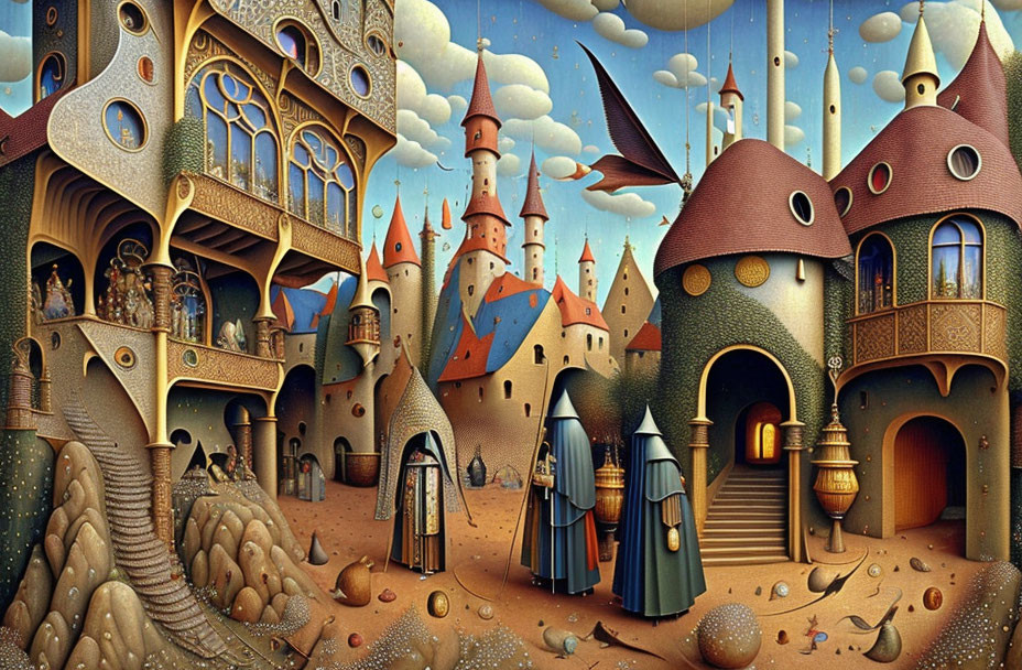 Whimsical fantasy landscape with castles, figures, spires, orbs, and pillars