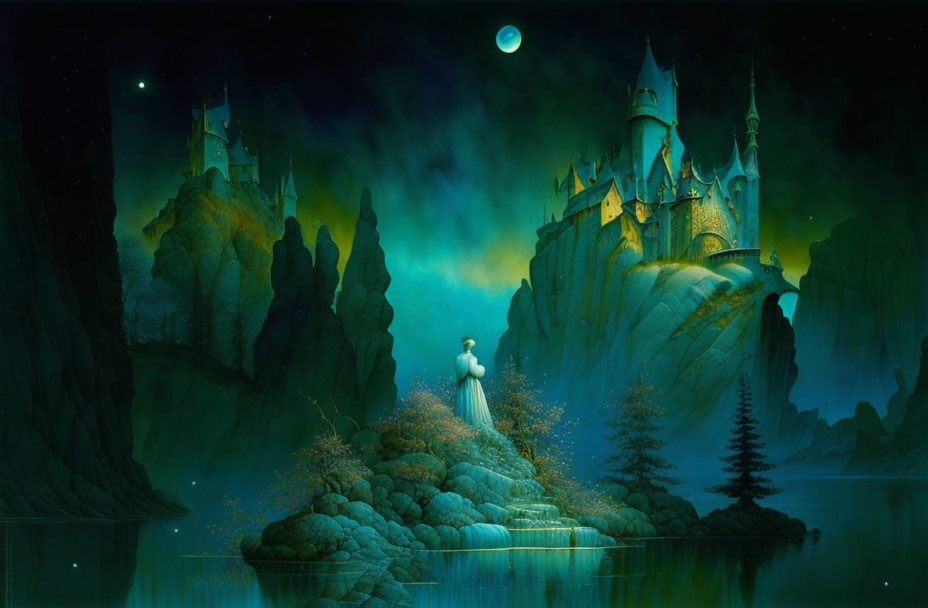 Person gazes at mystical castle on small island at night with fog, moon, and stars