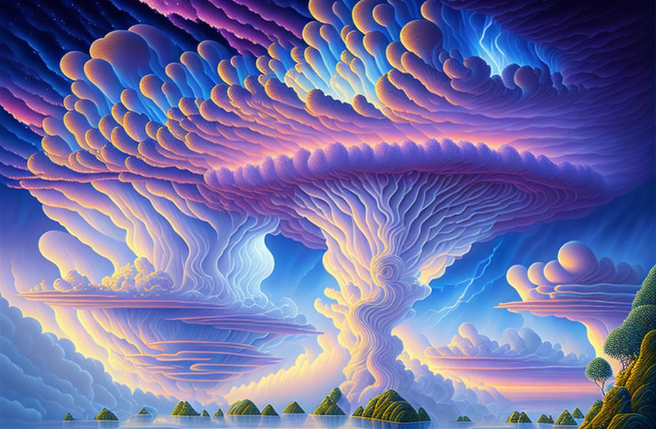 Detailed Whimsical Landscape with Swirling Clouds and Mushroom Formation