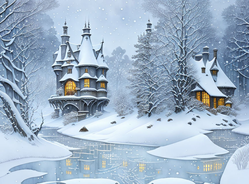 Snowy scene with castle, cottage, frozen lake, and snow-covered trees