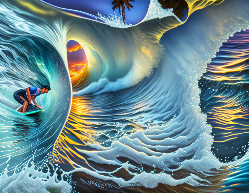 Surfer riding towering wave with surreal sunset in fantasy painting