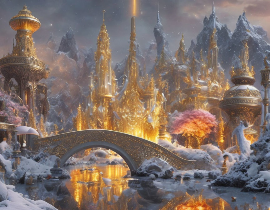 Golden city with ornate towers and snowy mountains under twilight sky