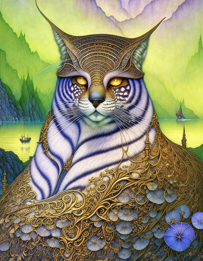 Majestic cat in golden armor against purple mountains & lake