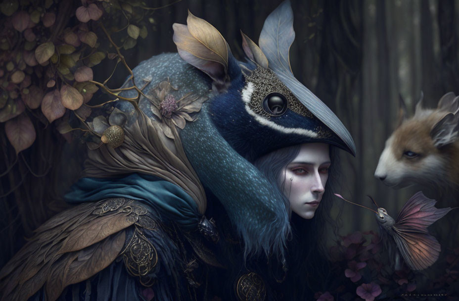 Fantastical Woman with Bird-Like Mask in Ethereal Wildlife Scene