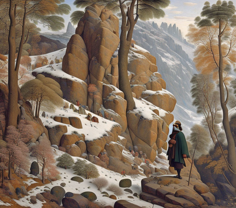 Medieval-themed whimsical painting of snowy landscape with animals and human figures