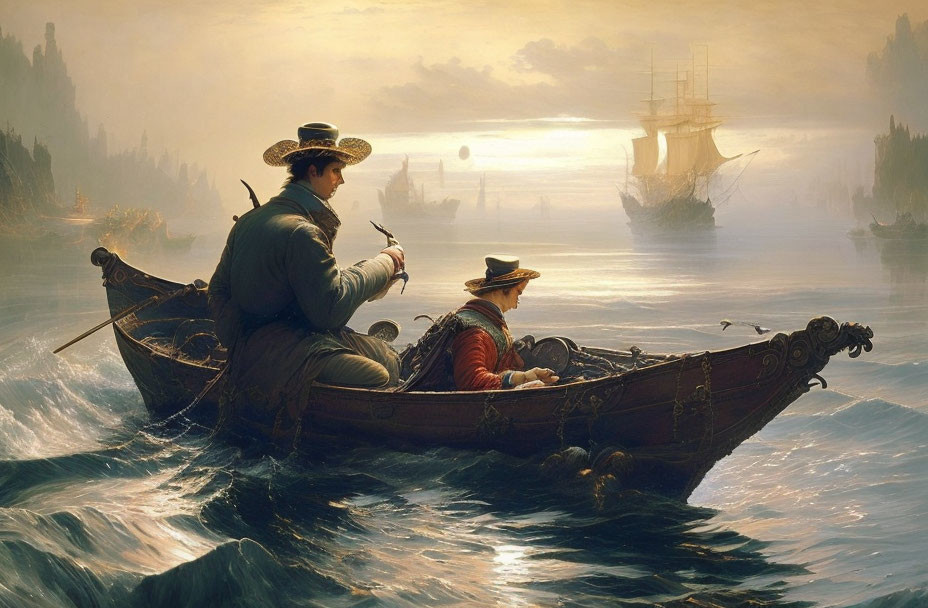 Rowboat scene with rower and seated person, tall ships in foggy sunrise