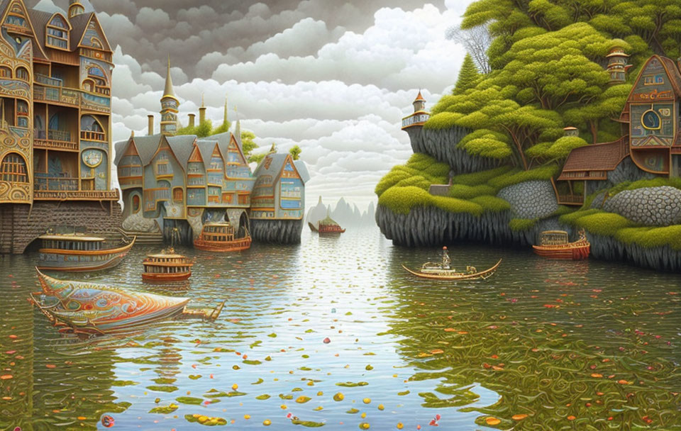 Ornate fairytale houses by a whimsical river