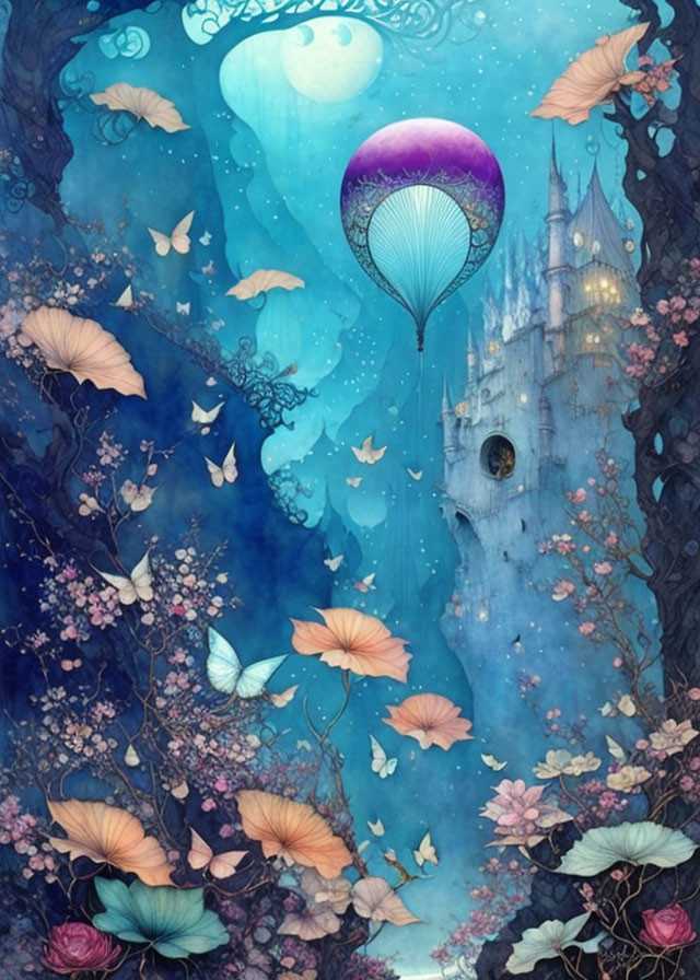 Whimsical balloon illustration with butterflies and castle in dreamy blue backdrop