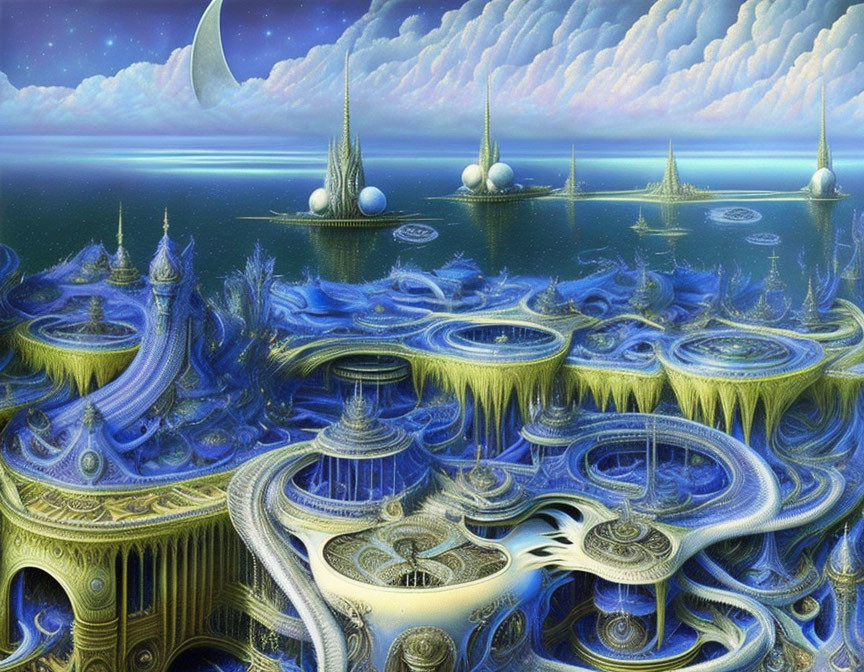 Surreal landscape with blue and gold structures, water features, and floating orbs