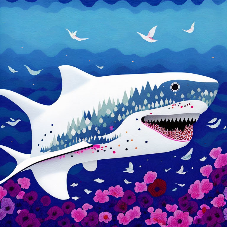 Colorful Illustration of Smiling Shark in Coral Reef Scene