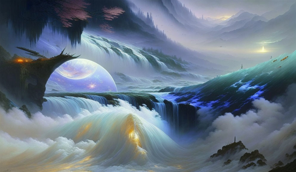 Fantastical landscape with waterfall, celestial body, and mysterious light in mountains