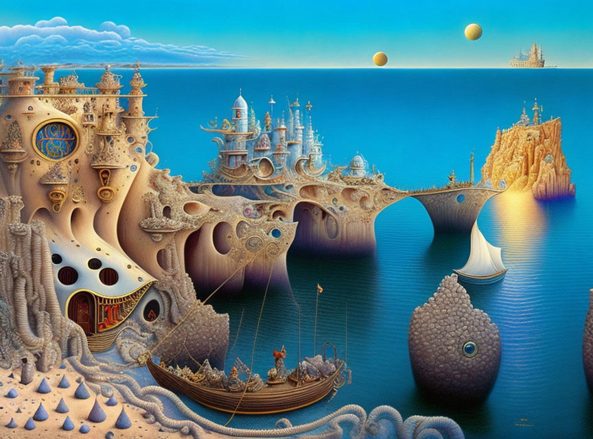 Surreal landscape with fish-like structures and whimsical architecture