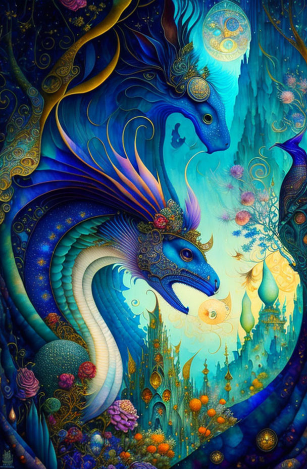 Majestic blue dragons in mystical forest with celestial patterns