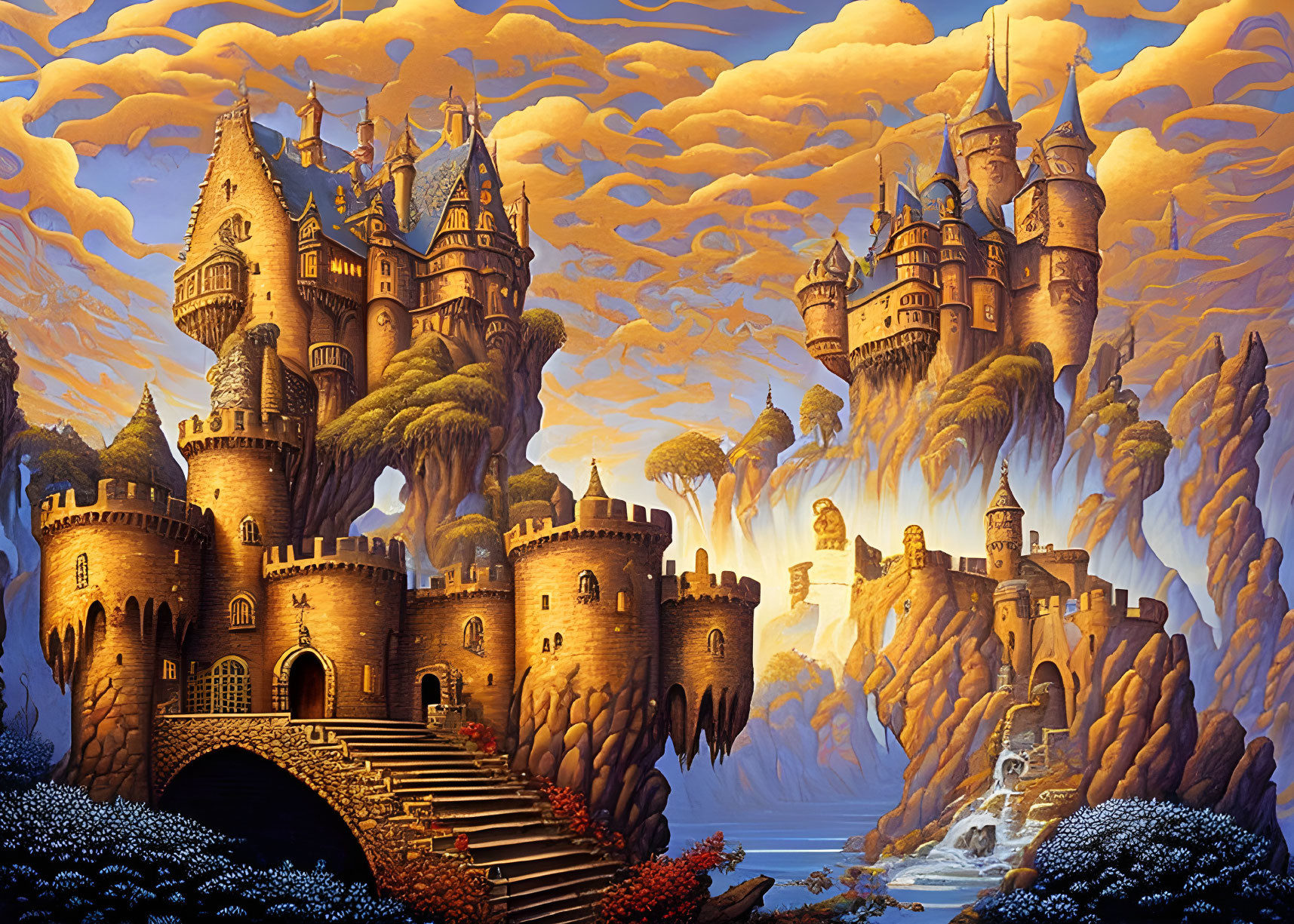 Fantastical landscape with multiple castles on rocky pillars under orange sky