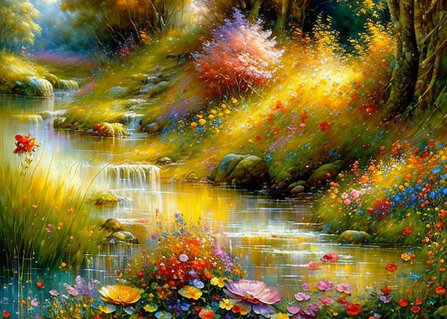 Colorful Forest Stream Painting with Sunlight Filtering Through Foliage