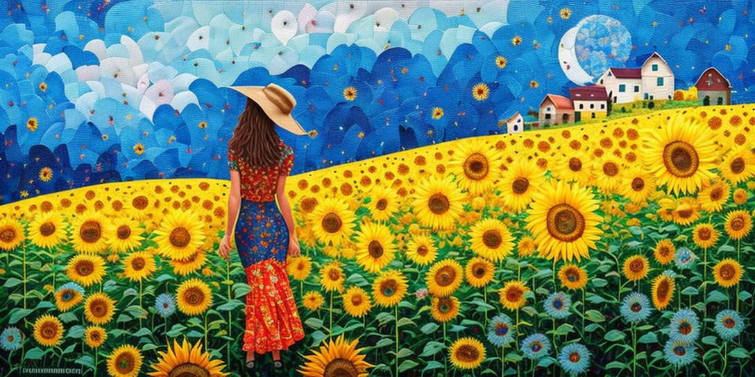 Woman in hat surrounded by sunflowers and whimsical landscape with full moon and houses.