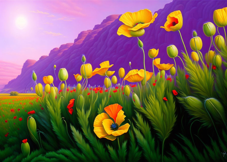 Colorful painting of blooming poppies with purple mountain and pastel sunset.