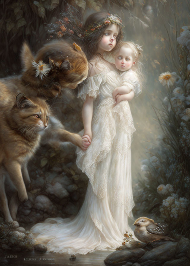 Young Girl in White Dress Holding Baby with Cat and Bird in Misty Forest