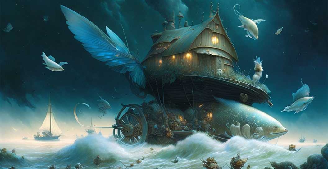 Whimsical flying ship with butterfly wings and marine creatures