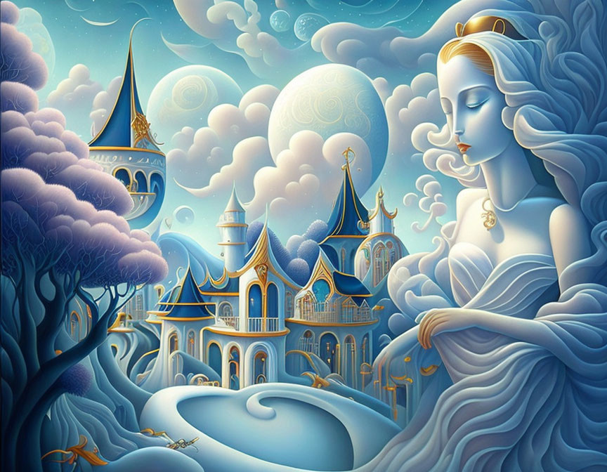 Surreal illustration of woman in flowing dress with castle landscape under moonlit sky