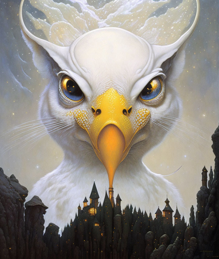 Large white owl with yellow eyes blending into cityscape spires