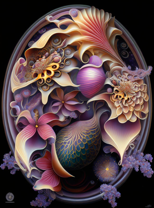 Vivid oval surreal artwork with floral and organic patterns in purple, pink, gold, and blue