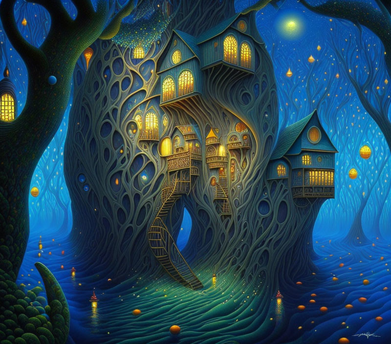 Illustration of Intricate Treehouse in Magical Forest