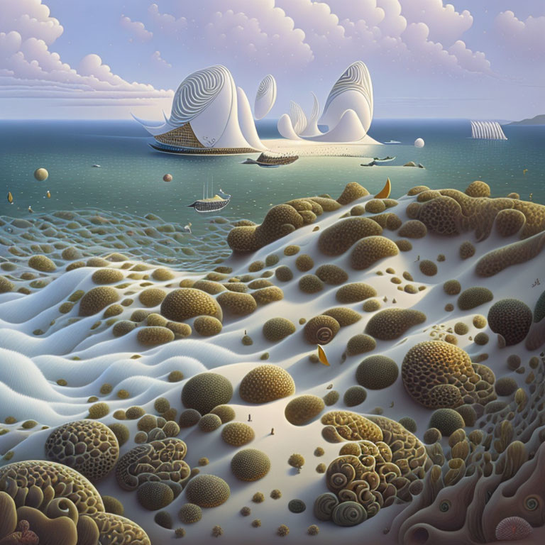 Surreal seascape with shell-like structures and ships on the horizon