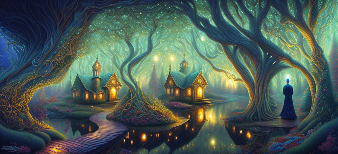 Enchanting forest with glowing trees, cottages, bridge, and figure