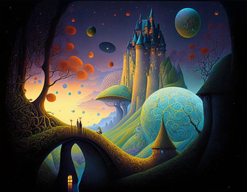 Castle on hill with bridge, whimsical trees, starry sky & planets