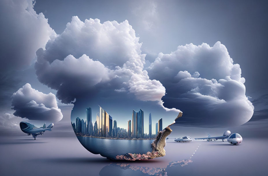 Surreal cityscape and clouds in upturned umbrella with flying planes