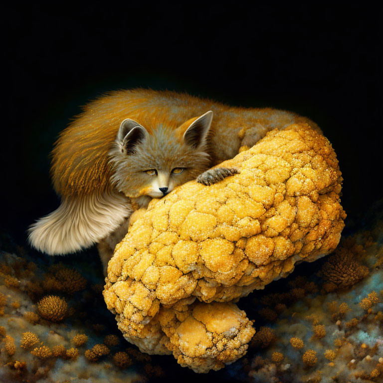 Red Fox Curled Up on Textured Golden Structure with Bushy Tail