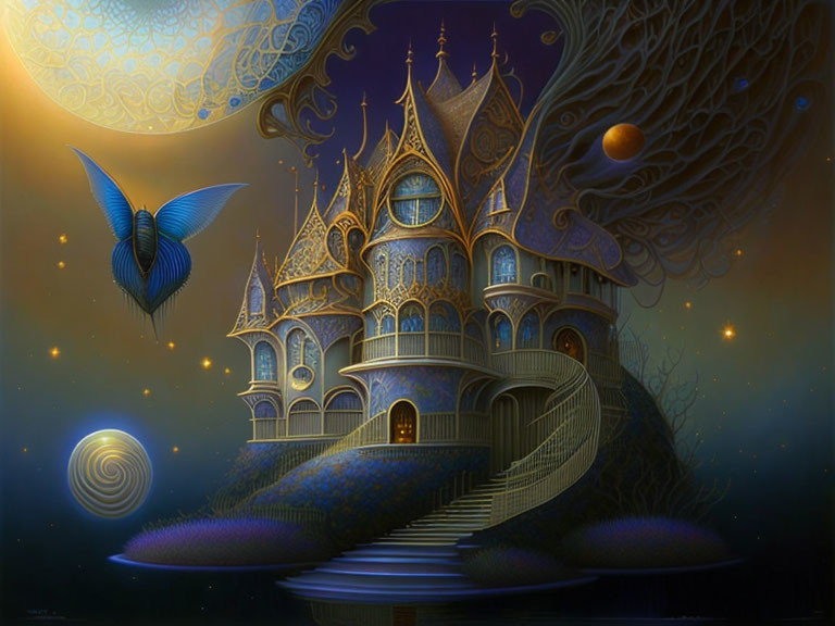 Fantastical digital painting of castle under starry sky