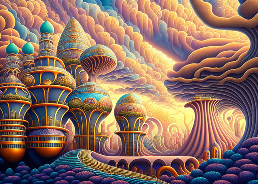 Colorful surreal landscape with ornate buildings and swirling clouds under luminous sky