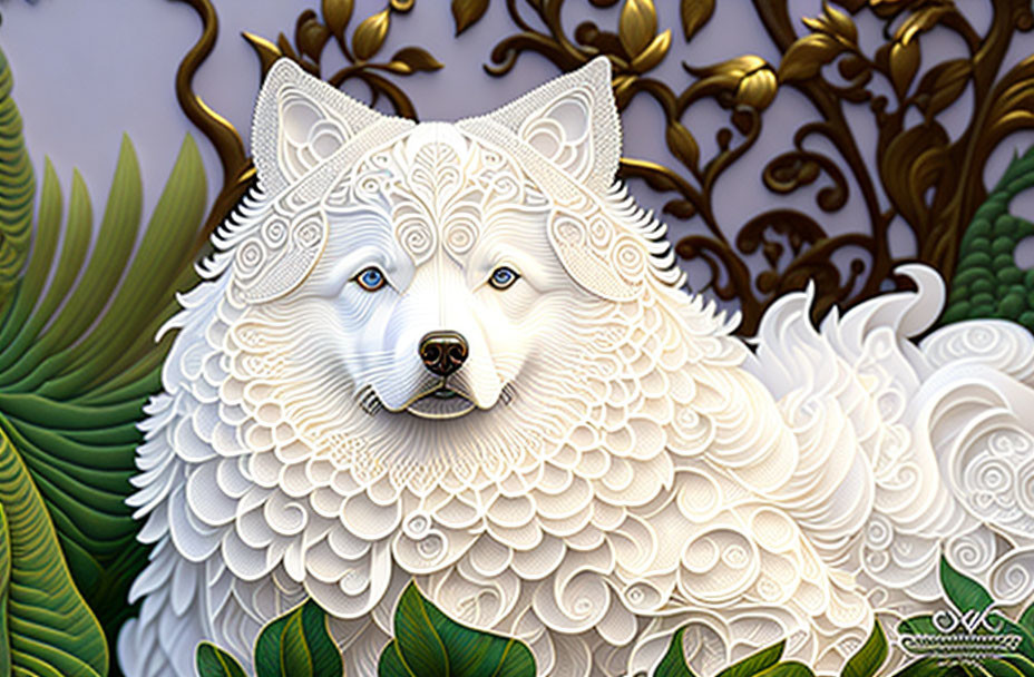 Detailed White Wolf Illustration with Blue Eyes and Ornate Foliage