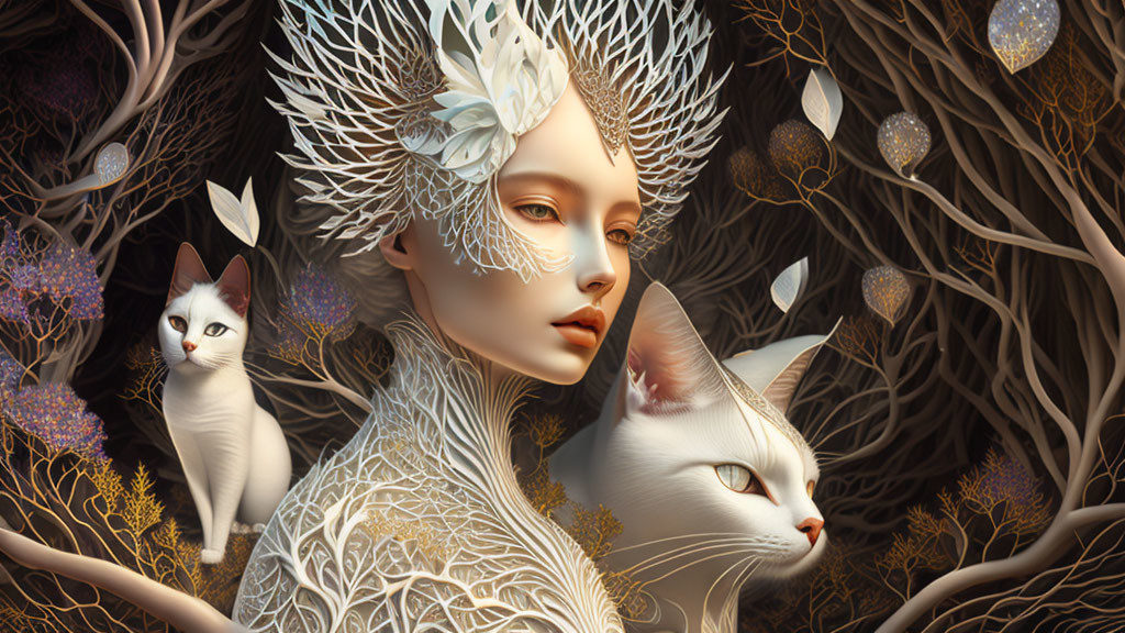 Fantasy illustration of woman with white headpiece, trees, and intense white cats